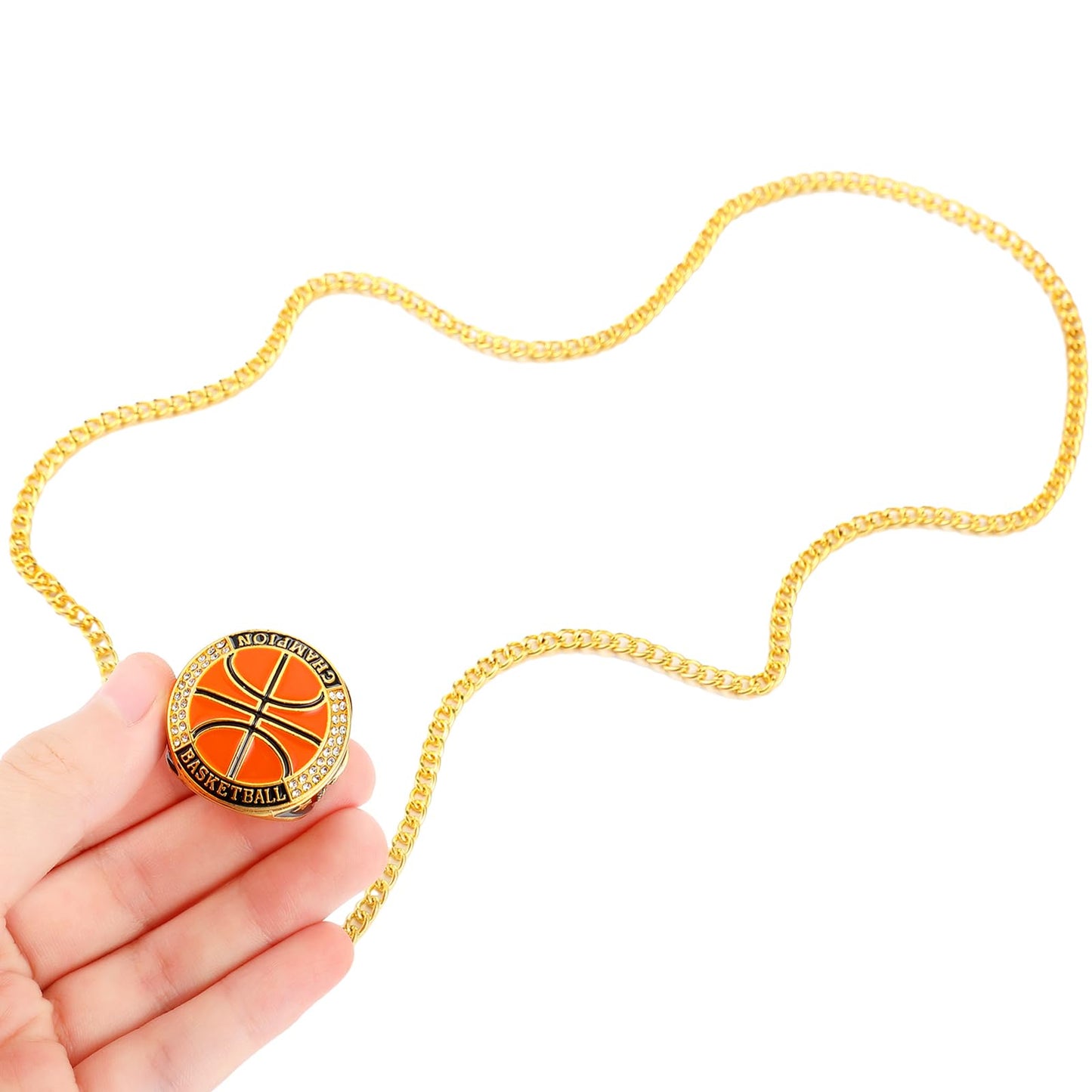 Highergo 1 PC Champion MVP Rings Baseball Soccer Basketball Volleyball Football Softball Trophy Ring with Display Stand and Neck Chain Size 11 for Winner Tournament Award Gift(Basketball)