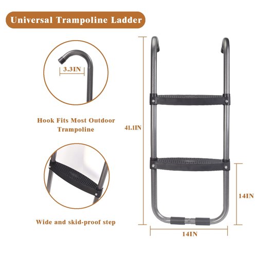 SCXinnkeer Trampoline Ladder 2-Steps, Trampoline Steps with Wide Steps, Skid-Proof Steps Universal Hook, UV Treated Steel, 14FT Trampoline Stairs Accessories for Kids/Children, 220Lbs Capacity