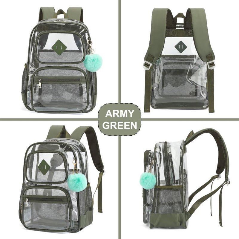 Heavy Duty Clear Backpack for Girls Boys Transparent School Bookbag Kids Durable PVC See Through Backpack-Army Green
