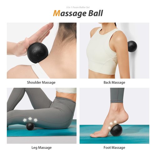 5 in1 Foam Roller Set, Trigger Point Foam Roller, Massage Roller Stick, Massage Ball, Resistance Band for Deep Muscle Massage Pilates Yoga,Fitness Exercise for Whole Body (Black-Red)
