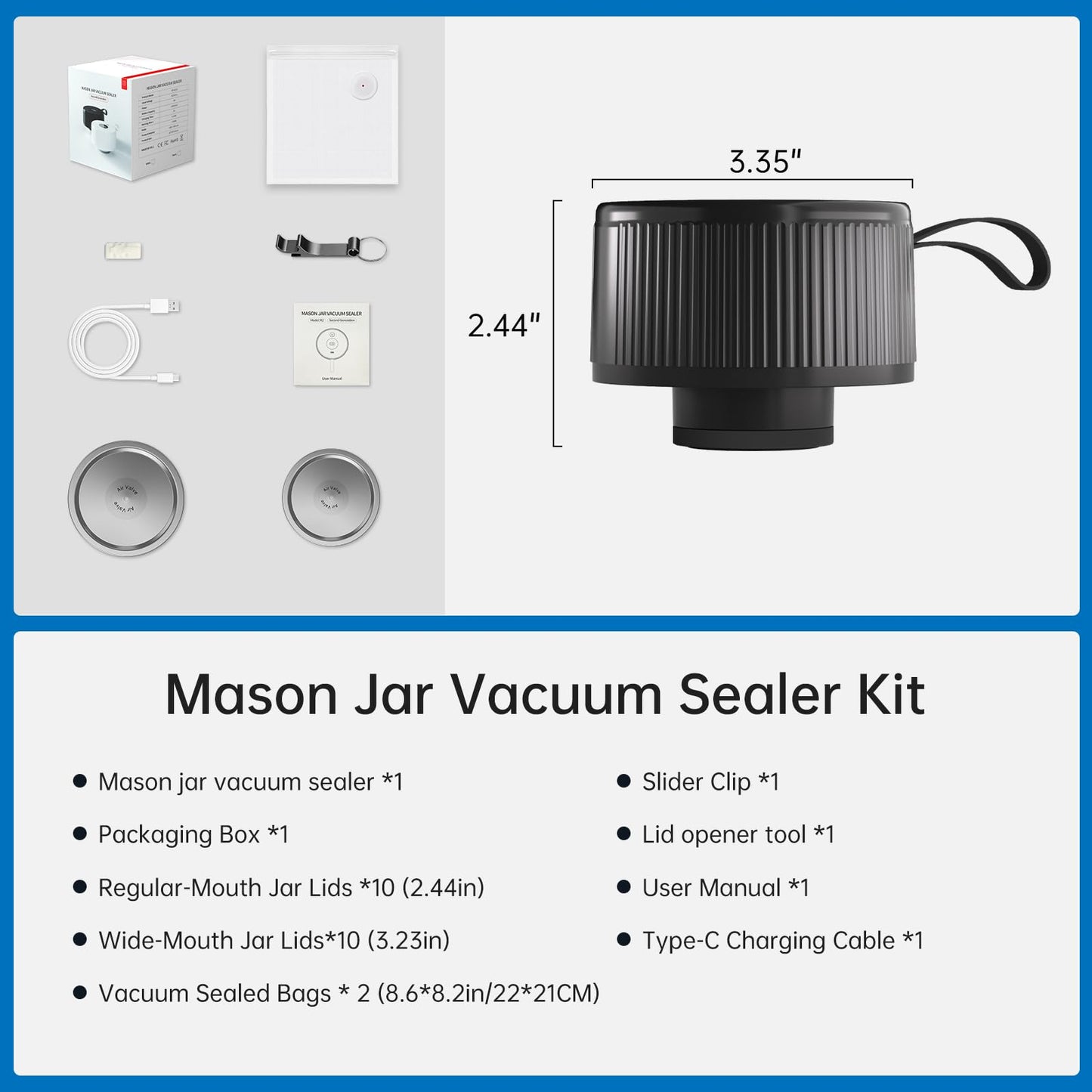 Electric Mason Jar Vacuum Sealer Kit, 3-in-1 Handheld Automatic Vacuum Sealer for Mason Jars, Food Savers & Containers | Ideal for Canning Jams, Pickles, Dry Foods, Grains | Present for Mom, Black