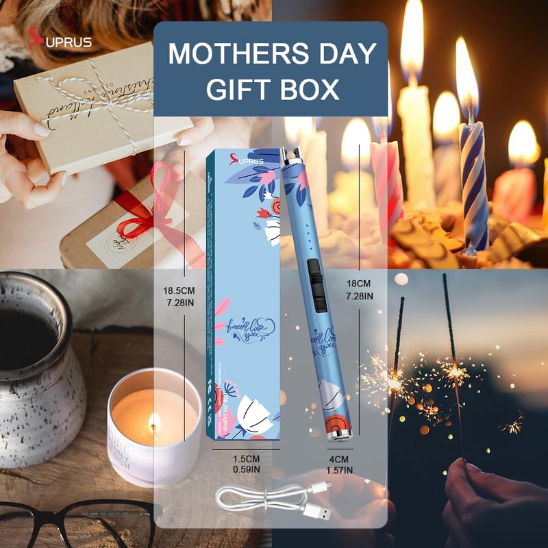 SUPRUS Candle Arc USB Type C Lighter Electric Lighter with Upgraded LED Battery Display Safety Switch Rechargeable Flameless Plasma Windproof Portable for Mother‘s Day (Blue)