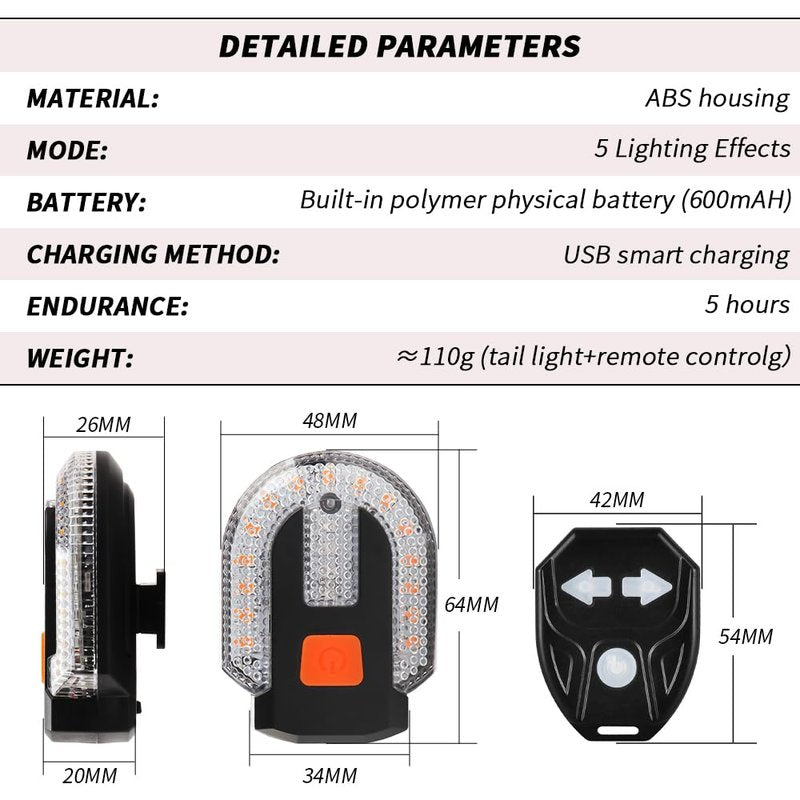 UPXSXT 4Pcs Turn Signals for Bicycles with Alarm, USB Charging Remote Control Split/Integrated Bike Tail Light 5 Modes Waterproof Strobe Bike Rear Lights Can be Mounted on Front and Rear of Bicycle