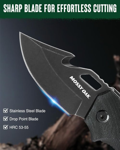 Mossy Oak Mini Folding Pocket Knife, 2.5-inch Stainless Steel Drop Point Blade - G10 Handle EDC Multifunction Tool with Bottle Opener and Glass Breaker (Black), Good Merry Christmas Gift