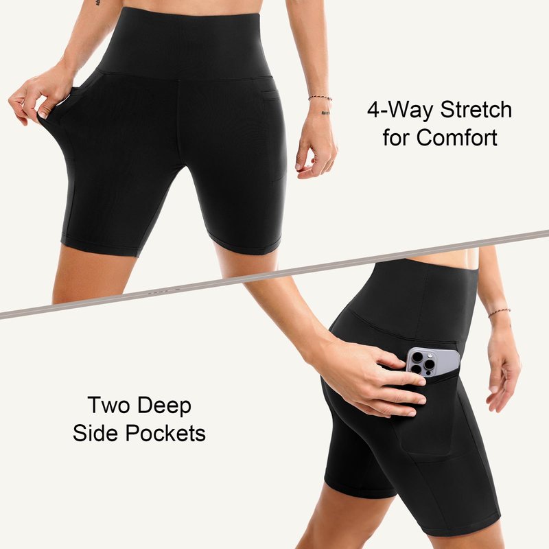 Leafigure 2 Pack Womens Biker Shorts with Pockets, High Waisted Tummy Control Yoga Shorts for Women Running Gym and Workout Black/Grey S-M