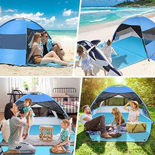 Large 3-4 Person Beach Tent - UPF 50+ Anti-UV, Easy Setup with Extended Floor & Mesh Windows, Portable for Camping Fishing (Blue)