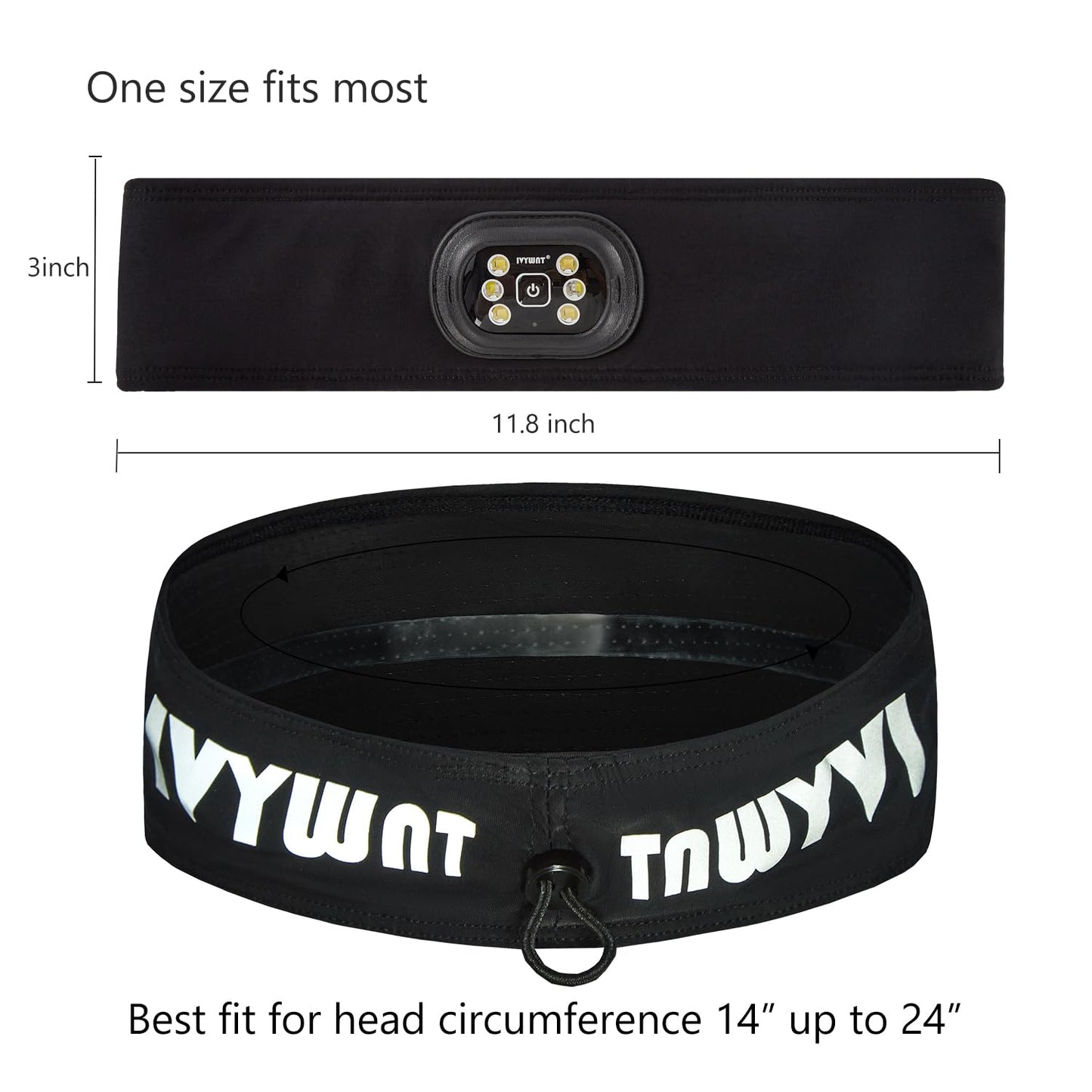 IVYWNT LED Sports Sweat Headband - Outdoor Headlamp Rechargeable with Reflective Visible for Men and Women, 3 Brightness Head Lights for Camping Running, Black