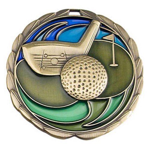Decade Awards Golf Medal, Gold - 2.5 Inch Wide | First Place Golf Tournament Medal with Stars & Stripes Neck Ribbon