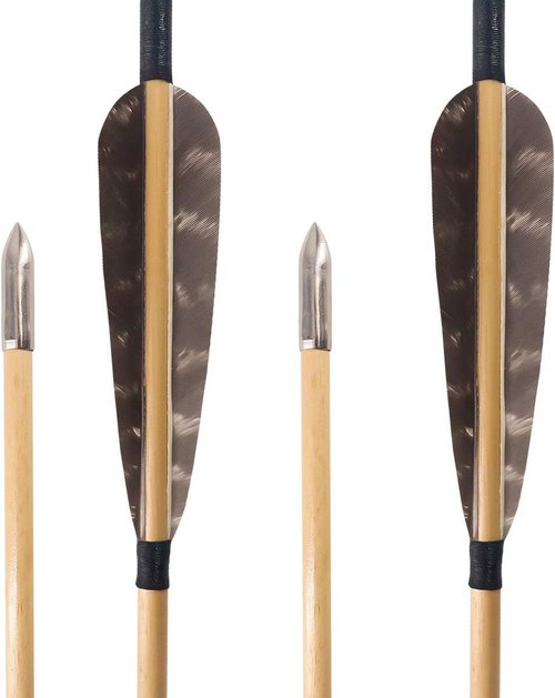 Xuxun 6 or 12 Pcs Pure Handmade Archery Wooden Arrow with Pheasant Turkey Feather Fletching Practice Target Arrows with Silver Point for Traditional Recurve Bow or Longbow (6)