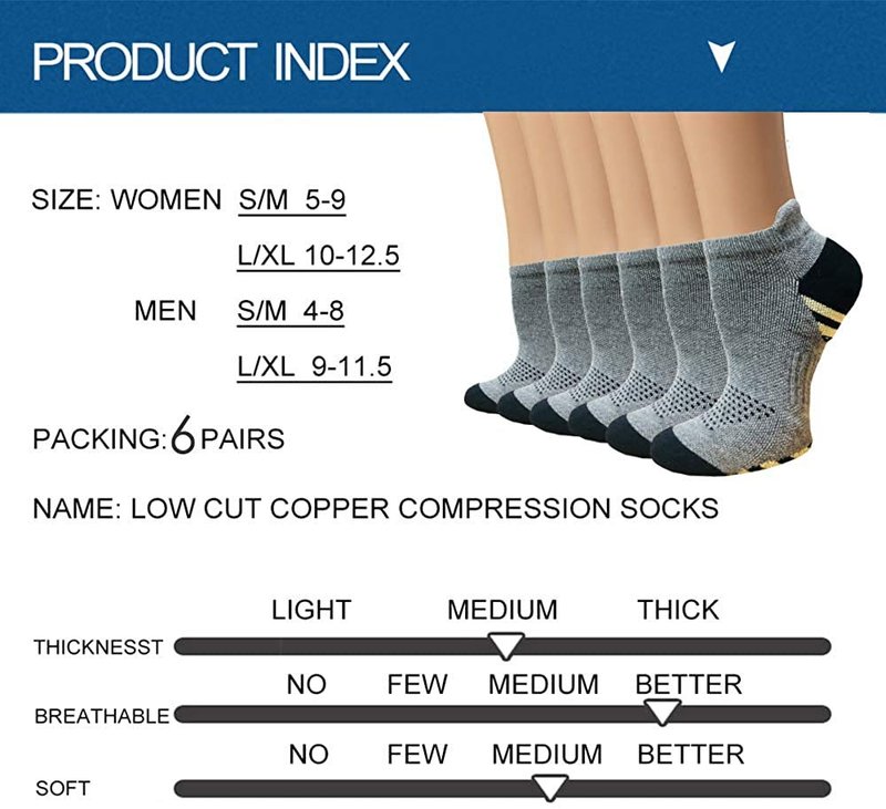 Sooverki Copper Plantar Fasciitis Running Compression Socks for Men & Women –6 Pairs Arch Support Ankle Socks for Athletic&Travel