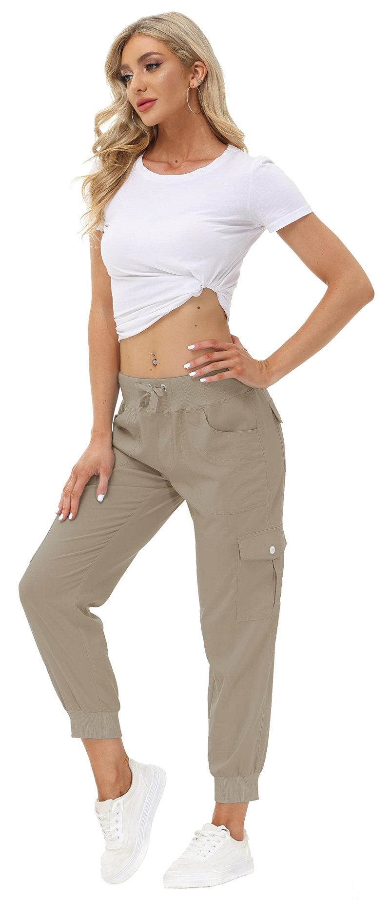 MoFiz Women's Cargo Pants Hiking Joggers Summer Lightweight Quick Dry Athletic Outdoor Sports Sweatpants Travel Casual Button Pockets Khaki 2XL