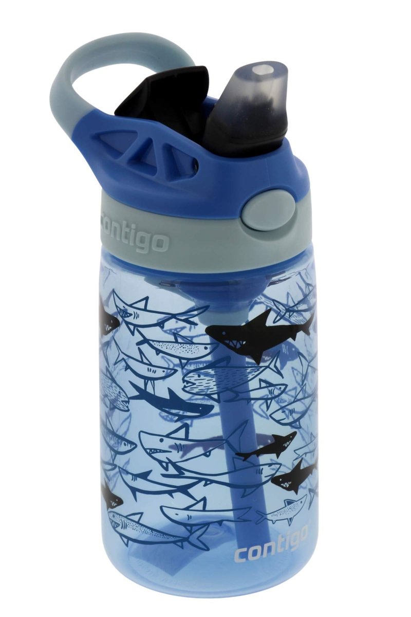 Contigo Aubrey Kids Cleanable Water Bottle with Silicone Straw and Spill-Proof Lid, Dishwasher Safe, 14oz, Blue Sharks