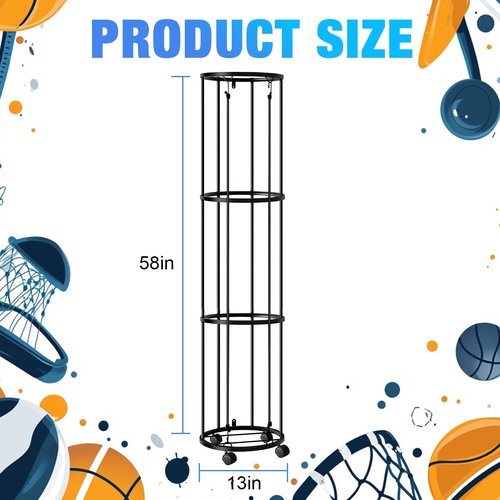 Columnar Vertical Ball Storage Racks with Wheels-NEW Durable 58x13'' Rolling Basketball Holder Wall Mount for Soccer, Volleyball, Space-Saving Garage Sports Ball Rack Organizer for Home,Gym & Outdoors