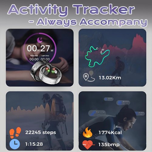 Smart Ring Fitness Tracker Sleep Tracking Heart Rate Monitor Pedometer, Waterproof Activity Tracker Fitness Ring Steps Counter, Gesture Controls for Short Video, 8 Days Last, Classical Silver, #9