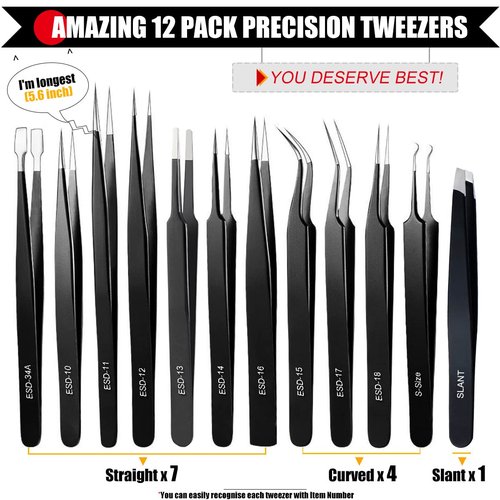 Antonki 12 Pack Precision Tweezers Set for Craft, Soldering, Jewelry, Facial Hair, Eyebrow, Ingrown Hair Removal, Eyelash Extension- with Case