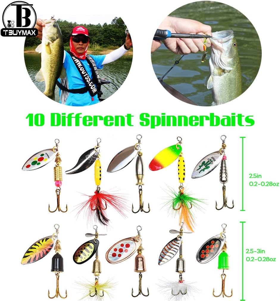 10pcs Fishing Lure Spinnerbait, Bass Trout Salmon Hard Metal Spinner Baits Kit with 2 Tackle Boxes by Tbuymax