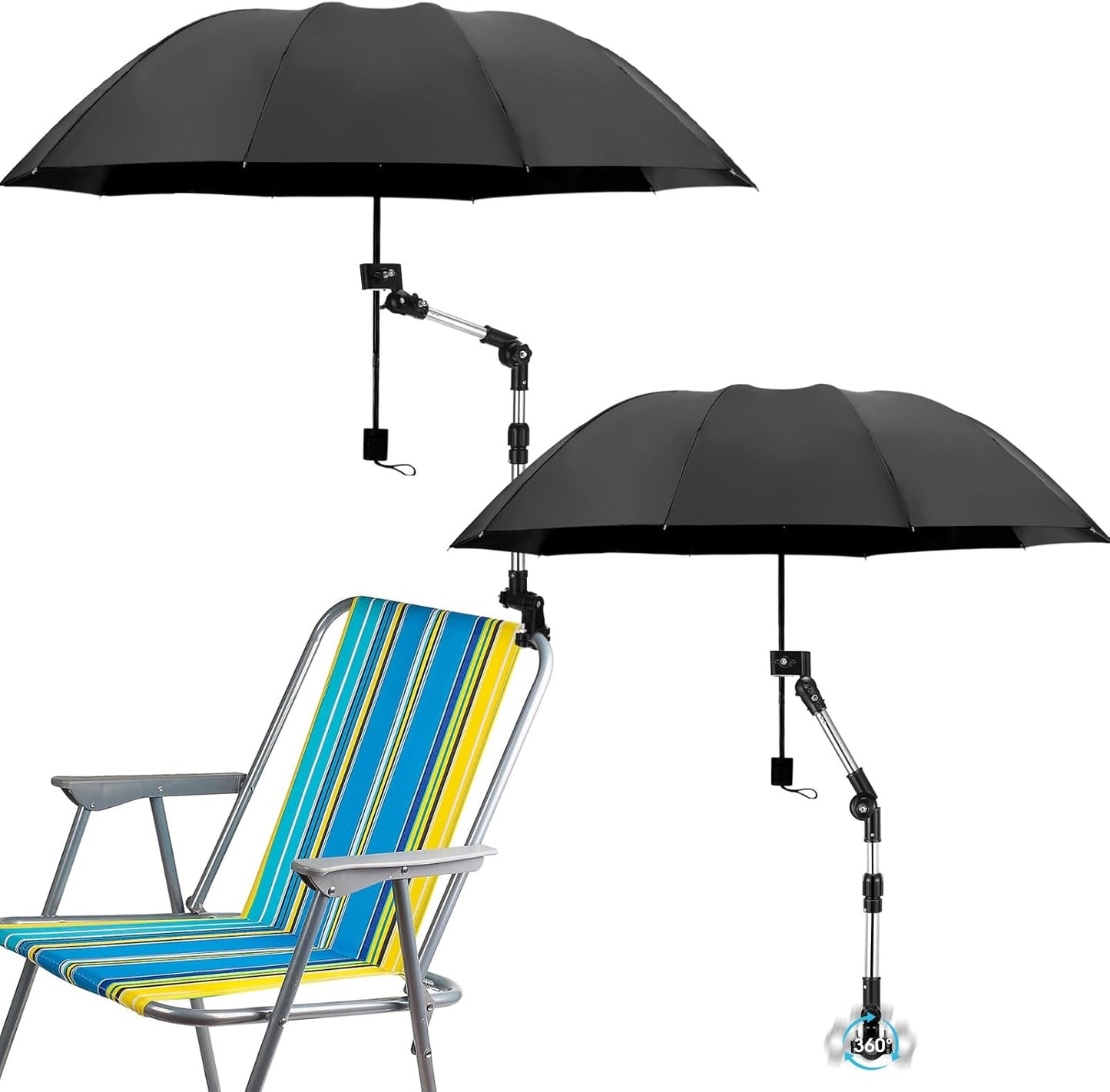 2 Pcs Beach Chair Umbrella with Clamp 49.2" 360° Adjustable Golf Umbrella with Clip and Retractable Stand Sun Shade for Camping Outdoor Travel Patio Wheelchair Golf Cart Stroller