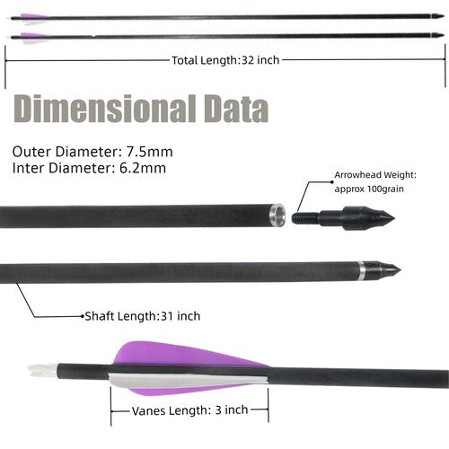 ARCTIRA Archery Hunting Arrows for Compound Bow 12 Pcs Carbon Arrows with Removable Arrowheads Adjustable Nocks for Recurve Bow for Adults Targeting 31 inch