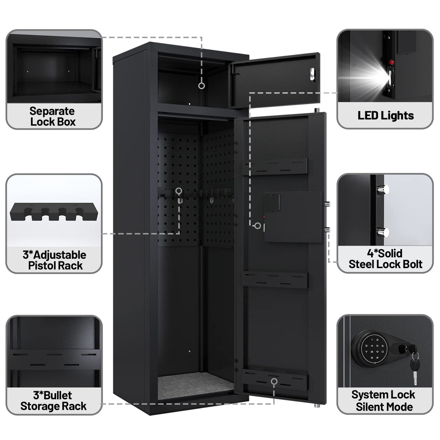 KAER Gun Safe for Rifles and Pistols 10-12 Gun Safe Multi-functional Rifle Safe Anti-theft Gun Safes for Rifles Removable Gun Racks Gun Cabinet for Home with Adjustable Shelves