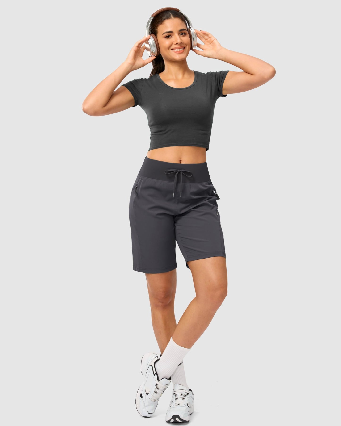 SANTINY Women's 9" Hiking Shorts with 3 Zipper Pockets Lightweight Quick Dry Long Shorts for Women Athletic Travel (Dark Grey_S)