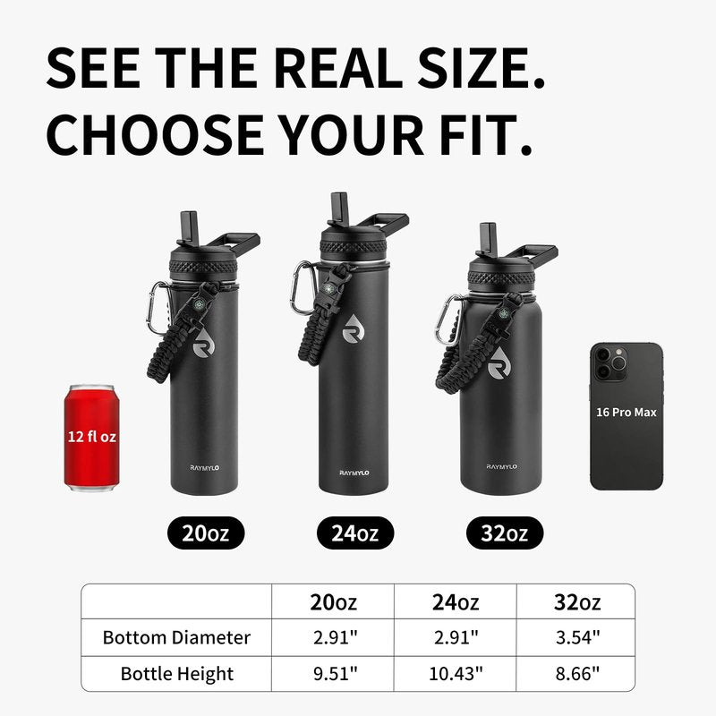 RAYMYLO Insulated Water Bottle 24 oz, Triple Wall Vacuum Stainless Steel (Cold for 24Hrs, Hot for 12Hrs), Leak Proof & Non-BPA, Modern Water Flask Jug with Paracord Handle & Straw Spout Lids