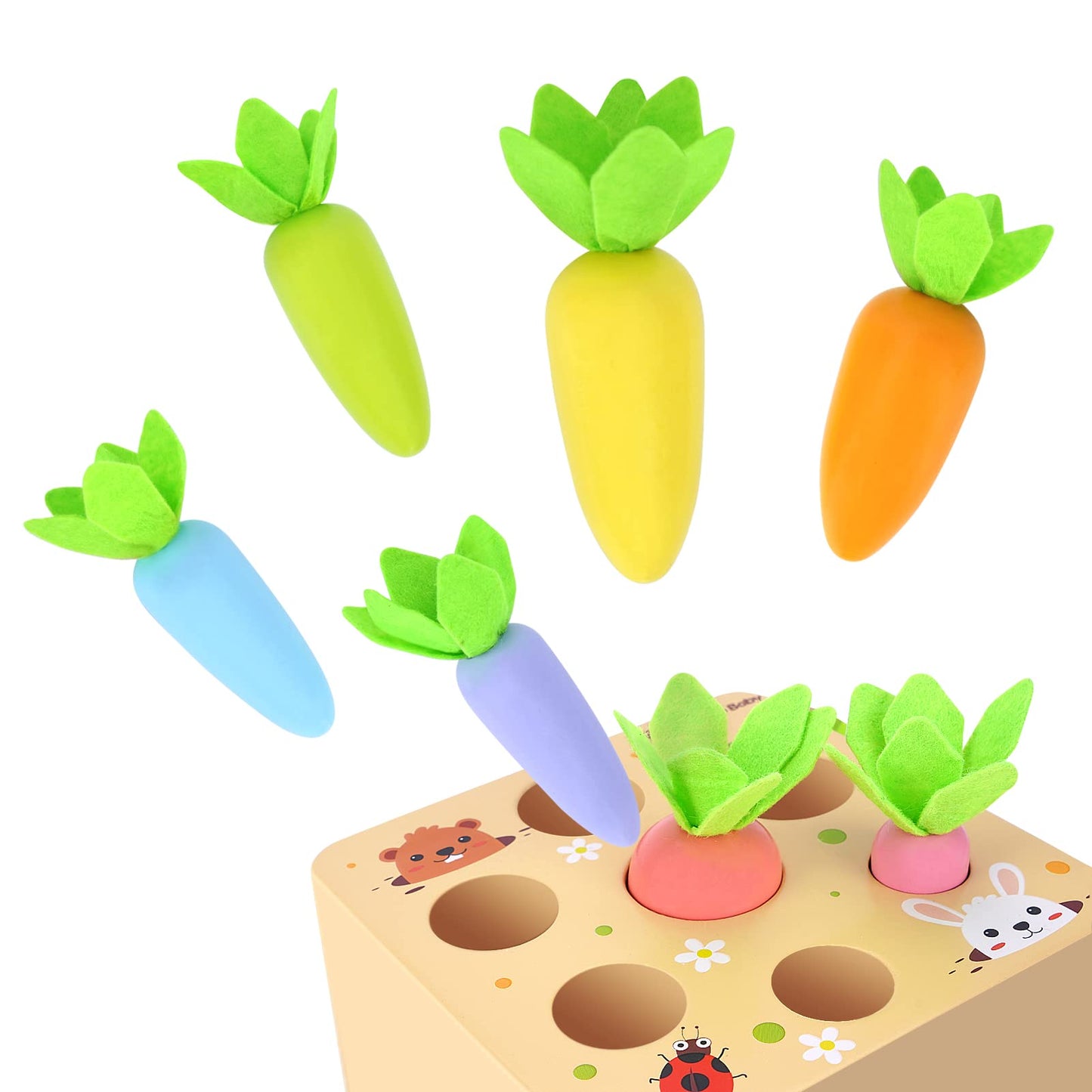 KMTJT Montessori Toys for 2 3 Year Old Toddlers, Macron Carrot Harvest Game Wooden Toys for Baby Boys and Girls, Educational Learning Shape Sorting Matching Gifts for Babies