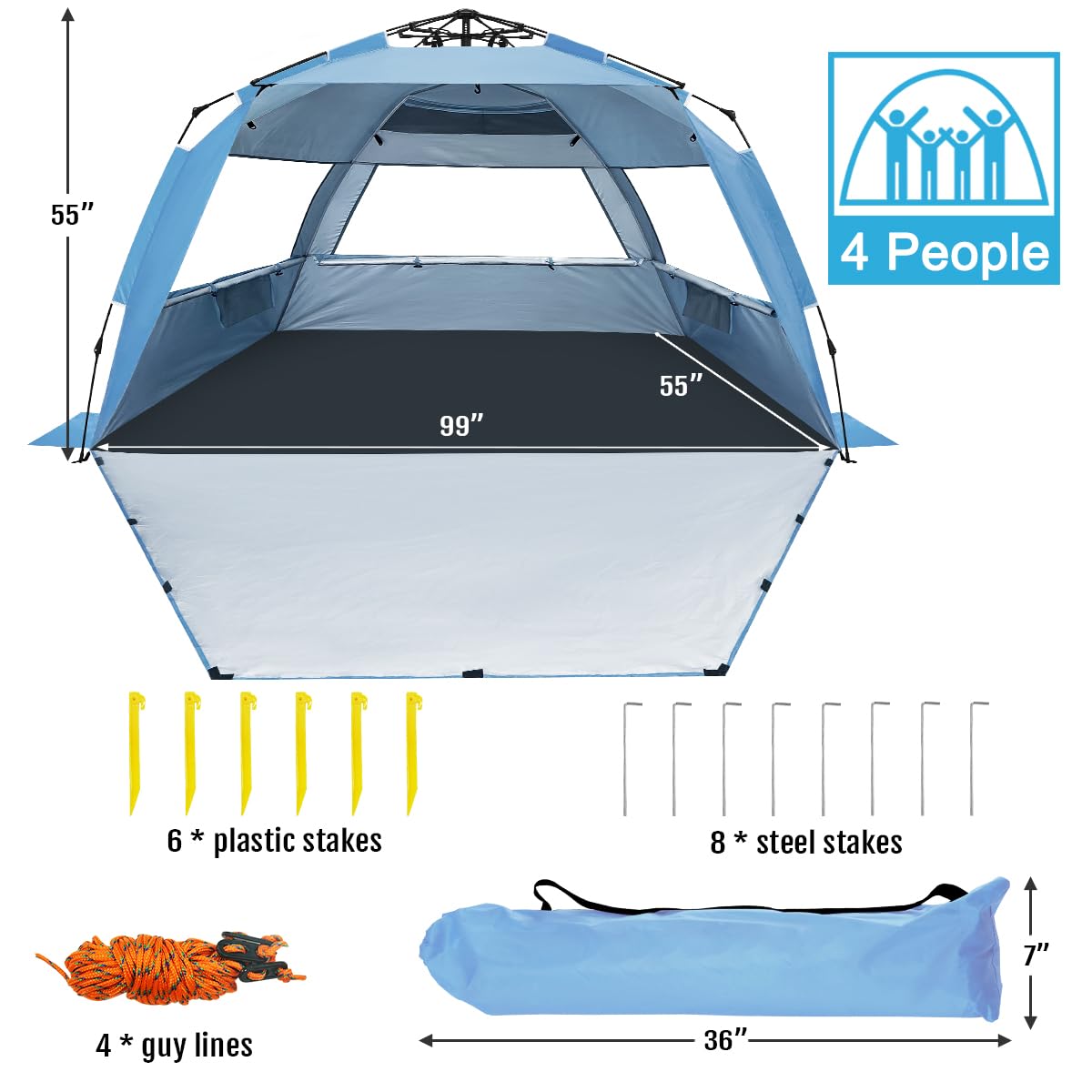 WhiteFang Deluxe XL Pop Up Beach Tent Sun Shade Shelter for 3-4 Person, UV Protection, Extendable Floor with 3 Ventilating Windows Plus Carrying Bag, Stakes, and Guy Lines (Light Blue)