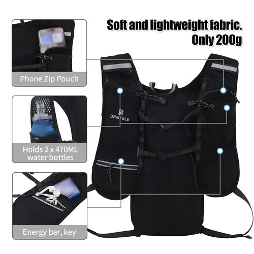 B BAIYULE Running Hydration Vest Backpack,Lightweight Hydration Backpack with Water Bladder or Soft Flask Optional,Hiking Trail Running Cycling Marathon (Backpack with 2pcs Soft Flasks)