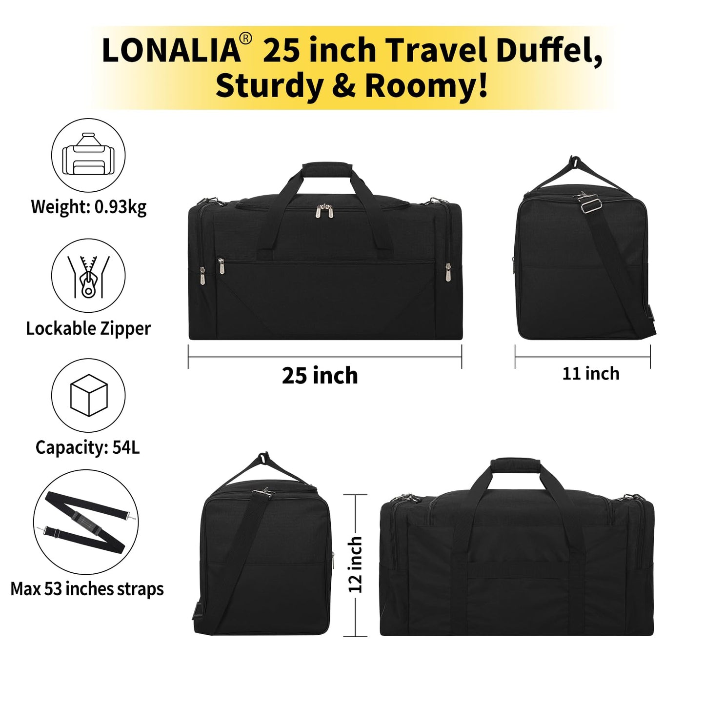 LONALIA 25 in Large Travel Duffel Bag for Men - 56L Roomy Weekender Bag with Trolley Sleeve (Black)