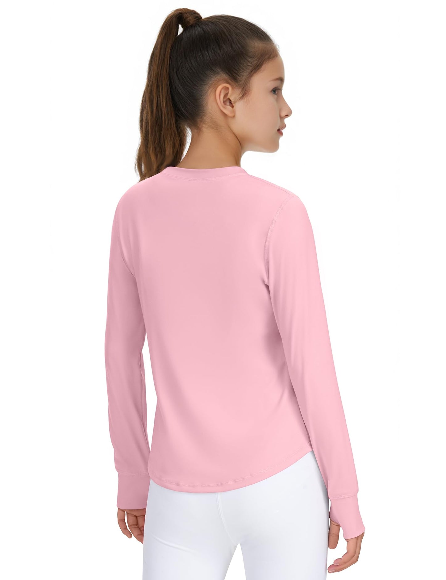 JOCMIC Girls Long Sleeve Shirts Athletic Shirt with Thumb Holes Kids Crew Neck Basic Tee Tops for Sports Gym Yoga Pink 9-10 Years