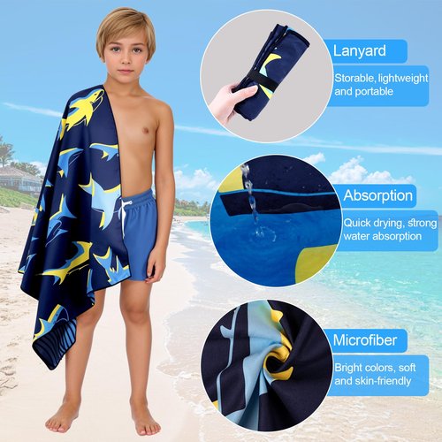 MelonBoat Large Microfiber Beach Towel: Bright Cyan Blue Shark Beach Towel for Travel, Super Absorbent Quick Dry Sand Free, Lightweight Compact for Kids Trip Vacation Bath Camping Pool Swim, 1 Pcs