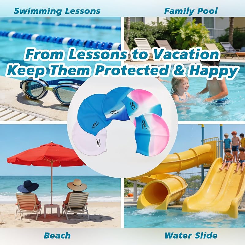 Kids Swim Cap - 100% Silicone Waterproof Hat for Hair Dry, Purple Variation