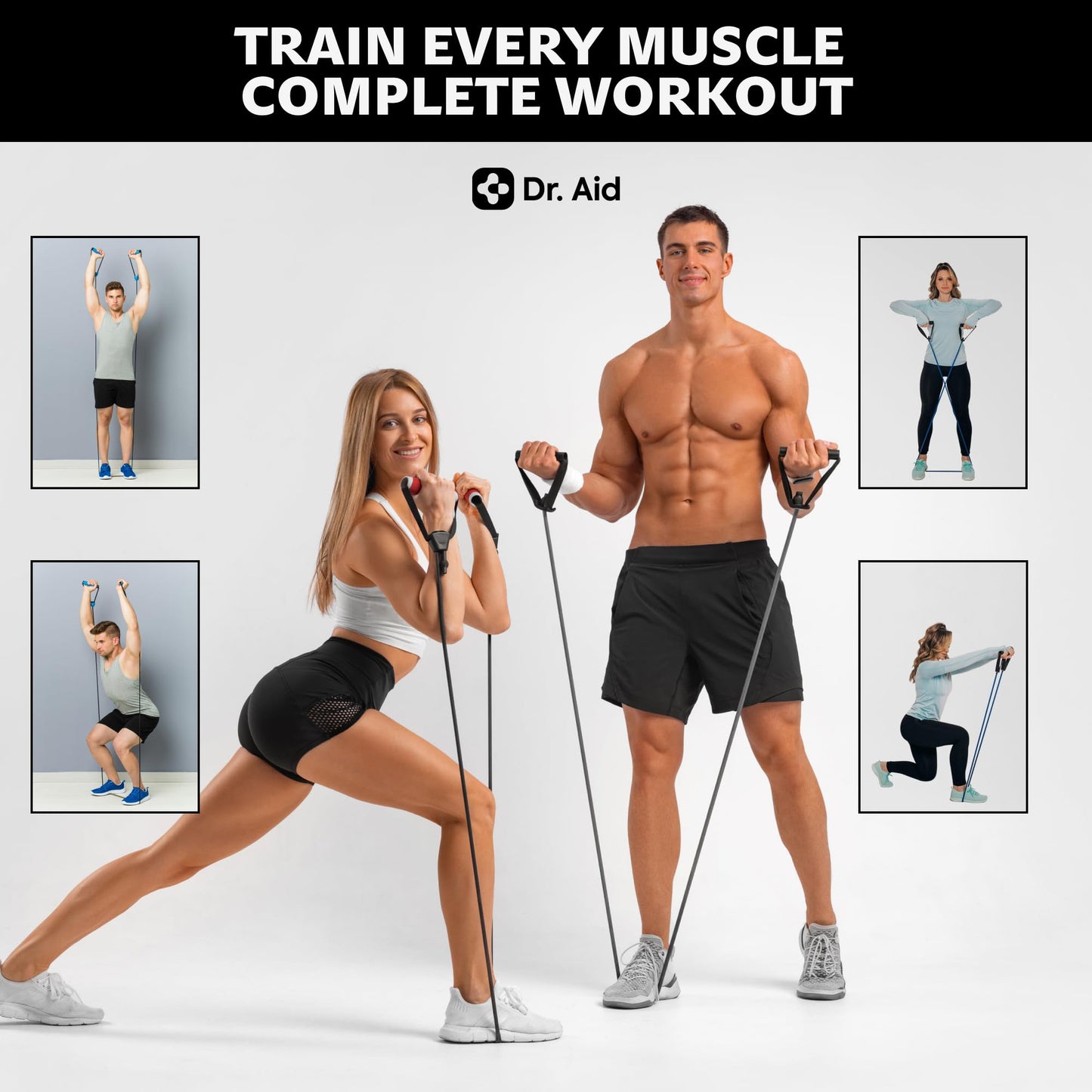 Dr. Aid Resistance Bands with Handles - 5 Stackable Exercise Bands for Working Out, Pure Latex, Smell-Free & Tear Resistant - Workout Resistance Set for Physical Therapy, Strength Training & Stretch