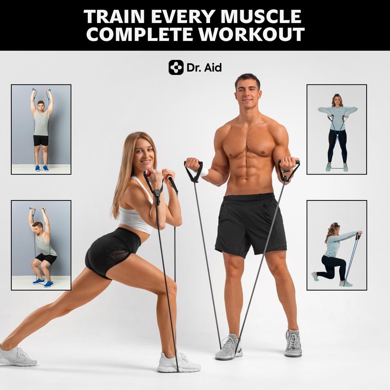 Dr. Aid Resistance Bands with Handles - 5 Stackable Exercise Bands for Working Out, Pure Latex, Smell-Free & Tear Resistant - Workout Resistance Set for Physical Therapy, Strength Training & Stretch