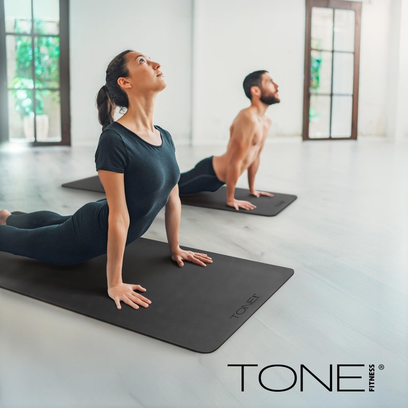 TONE Fitness Yoga Mat 1/4" Thick Non Slip Exercise & Pilates Mat for Home Workouts with Carrying Strap | V Pattern | Gray