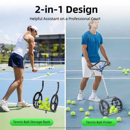 FXEIPOL Tennis Ball Hopper 80 Balls Capacity, Height Adjustment, Pushable & Standable Tennis Ball Rolling Collector Basket Holder for Training Grounds, Home Backyards, Clubs, Schools