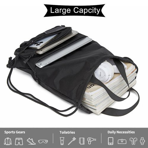 seyfocnia Drawstring Backpack Tactical String Bag with Zipper Pockets Waterproof Cinch Bag Sport Gym Sackpack - Black