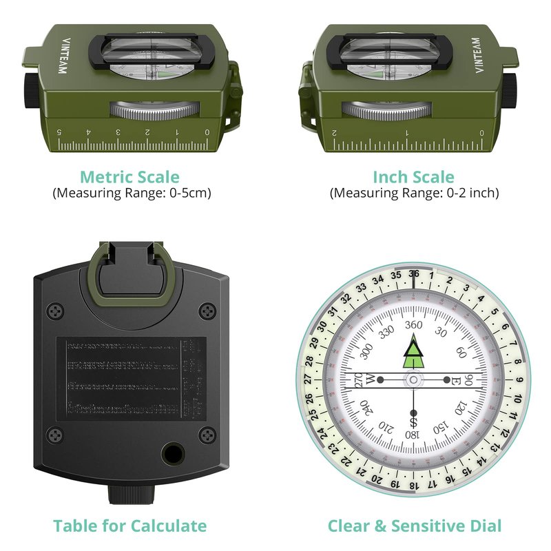 VinTeam Compass, Hiking Compass Military Compass Multifunctional Waterproof Metal Sighting Compass with Carrying Bag and Bubble Levels for Hiking Camping Climbing Biking-Bronze