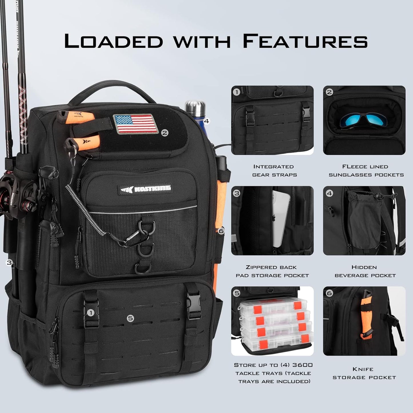 KastKing KarryAll Fishing Tackle Backpack with Rod Holder 4 Tackle Boxes,40/26L Tackle Bag Storage Fishing Gear and Equipment