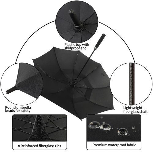 ZDSSM Automatic Open Extra Large Golf Umbrella Windproof Heavy Duty Large Umbrellas for Rain, Oversize Double Canopy Vented Stick Umbrellas for Golf and Outdoor Sports(Black 62 Inch)