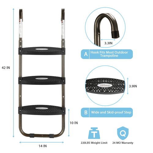 HBTower Trampoline Ladder, 3-Step Trampoline Steps with Horizontal Wide Steps, Skid-Proof Steps Universal Hook, UV Treated Steel, 220Lbs Capacity Trampoline Stairs Accessories for Kids/Children
