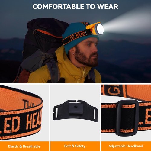 BOMARTE WISDOM LED Rechargeable Headlamp, Lightweight Headlight 120° Adjustable Head Lamp Waterproof Outdoor Forehead Light, 3 Modes for Camping, Hiking, Hunting, Fishing, Running, Car Repair