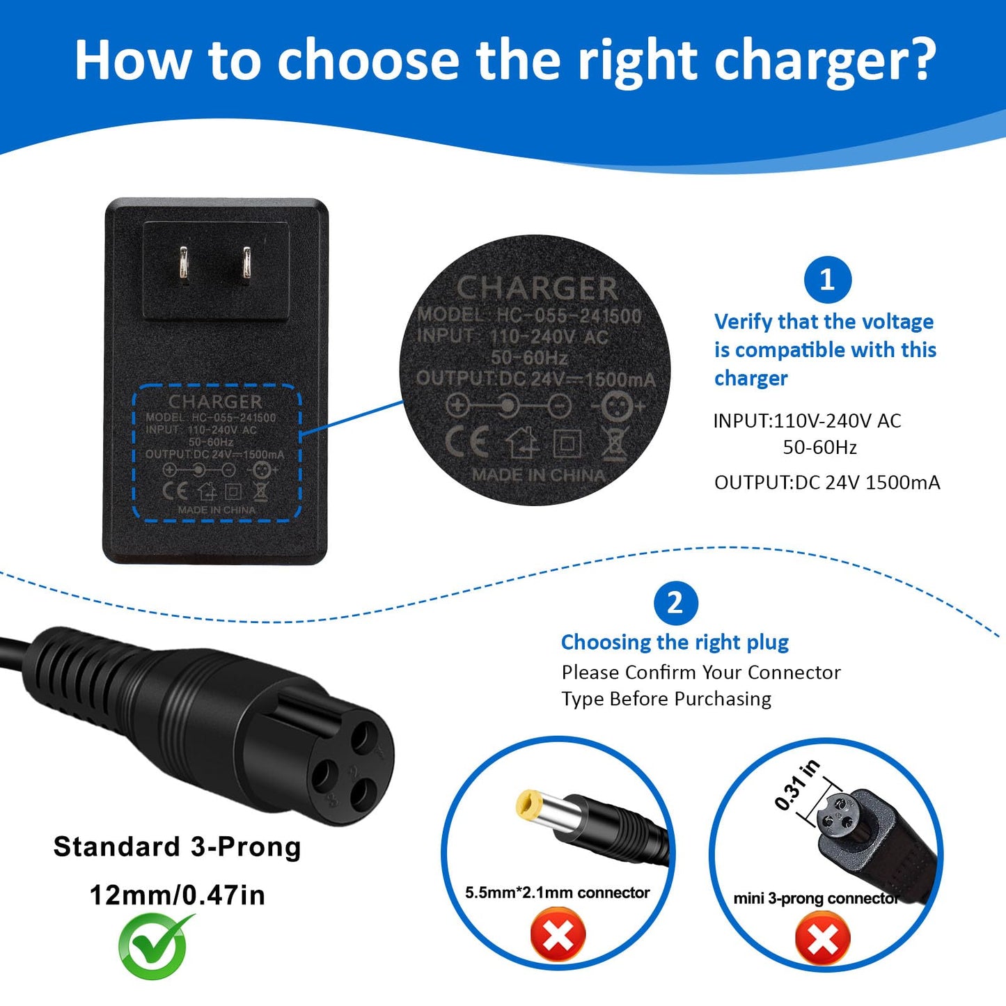 24V Electric Scooter 3-Prong Charger, for MX350 Dirt Bike Charger Scooter, MX400 Dir t Rocket, E300, E200, E100, Dirt Quad, Pocket Mod, Moped, Motorcycle, 24V Scooter Battery Charger
