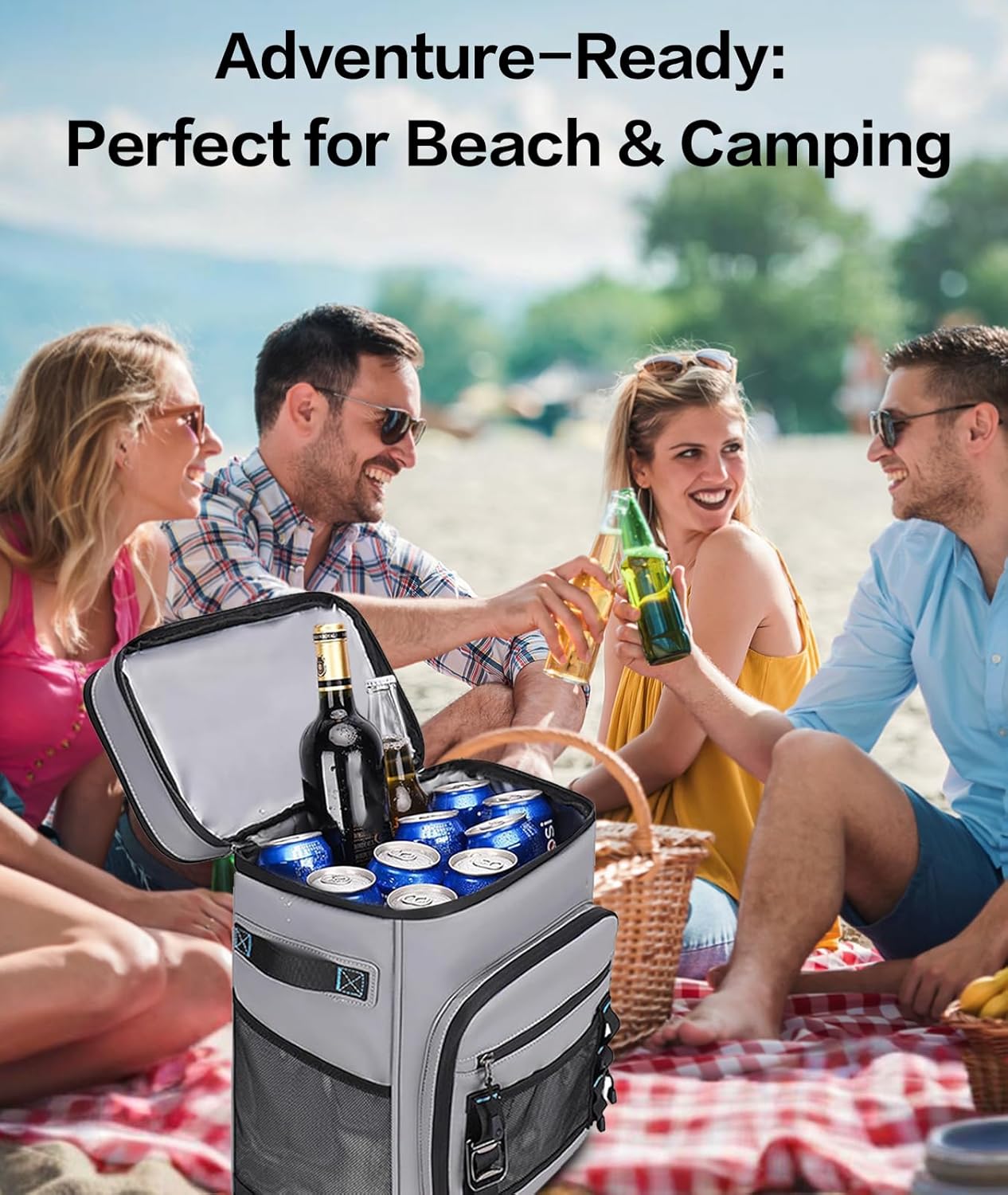 Insulated Cooler Backpack 30L - Leak Proof, 24+ Hour Ice Retention, Lightweight for Camping, Beach, Hiking with Bottle Opener - Gray