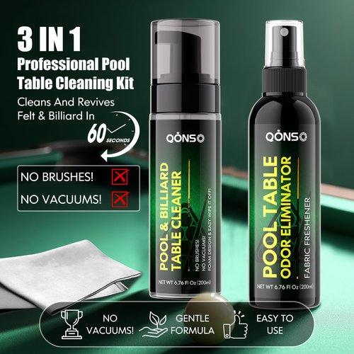 QONS Pool Table Felt Cleaner Kit, Fast Clean Billiard Table Felt Cleaner Spray & Odor Eliminator Kit with Cleaning Cloth, Ready-to-Use Foam & No Residue | Essential for Home & Game Rooms