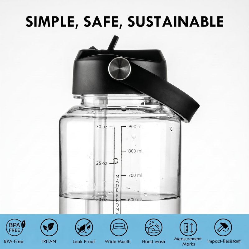 OLDLEY 32oz Water Bottle with Straw,Leakproof Tritan Clear Bottle with Marked Bottle and Carry Handle, BPA-Free Wide Mouth Reusable Sports Water Bottle for Gym,Hiking, Camping, Travel, Workout,Clear