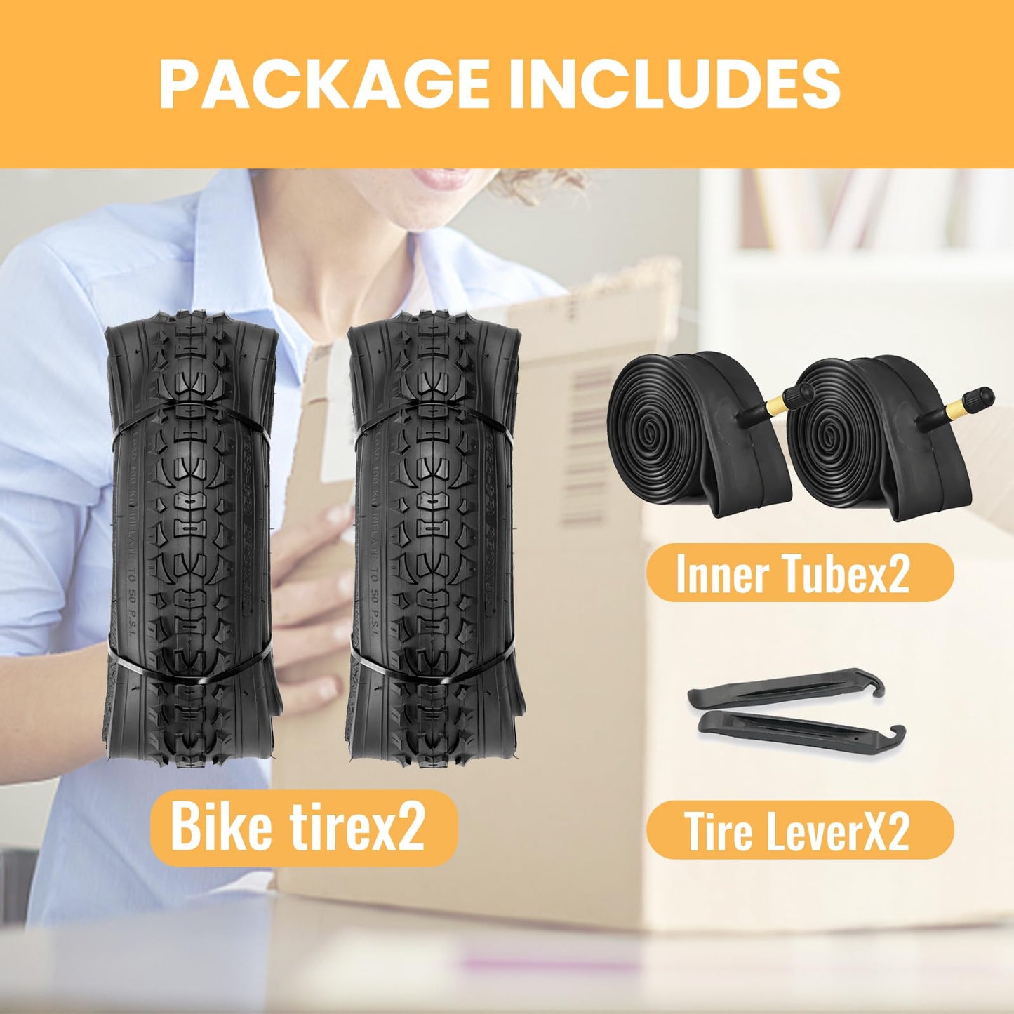 2-Pack Mountain Bike Tires Set: Hycline 26x1.95 Inch (54-559 mm) Folding Replacement Puncture Resistant High-Density Bicycle Tires and Pair Inner Tubes with Tire Levers for MTB Off-Road Bike