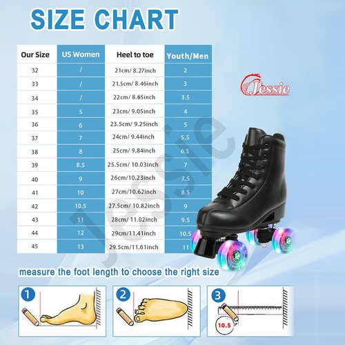 jessie Leather Roller Skates Roller Skates for Women Outdoor and Indoor Adjustable Four-Wheel Premium Roller Skates for Women Men Boys and Girls (Flash Wheel,Women's 8/ Men's 6.5)