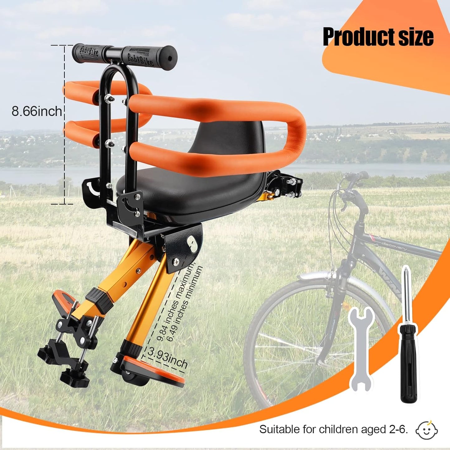 Kids Bike Seat with Handlebar Attachment, Detachable Front Mounted Child Bicycle Seats with Foot Pedals for Children 2~5 Years, Compatible with All Adult Mountain Bikes (Handle+Seat)