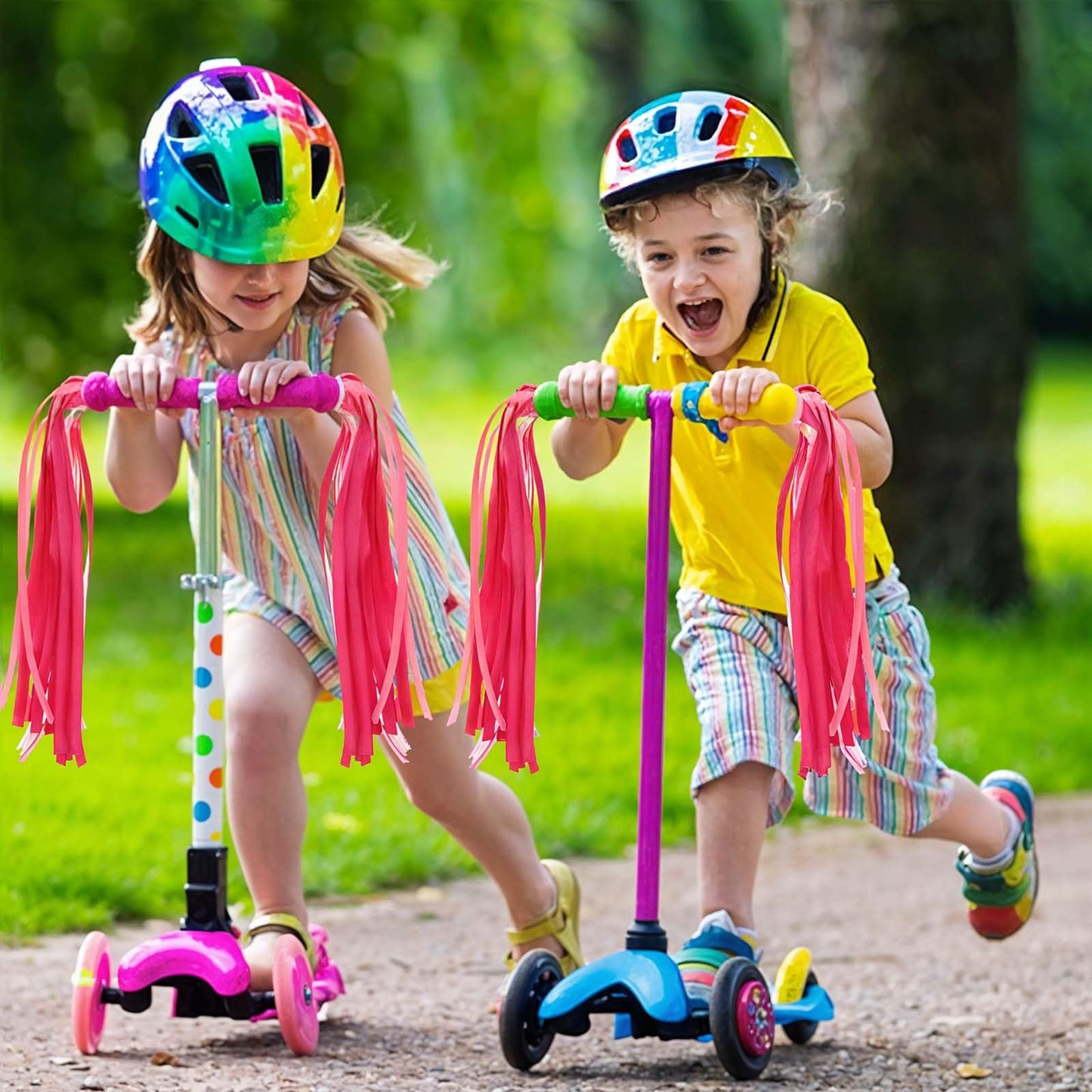 2Pcs Kids Bike Handlebar Streamers Tassels Gradient Pink Scooter Bicycle, Tricycle Handle Bar Grips, Bike Bell Accessories, Colorful Ribbons for Kids and Girls Boys